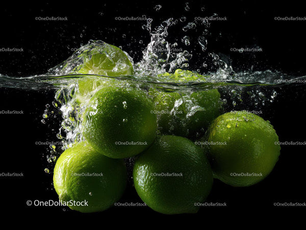 Fresh Green Limes Splashing into Water with Bubbles on Black Background