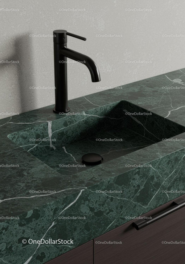 Modern Black Kitchen Faucet Over Green Marble Countertop in Luxury Kitchen