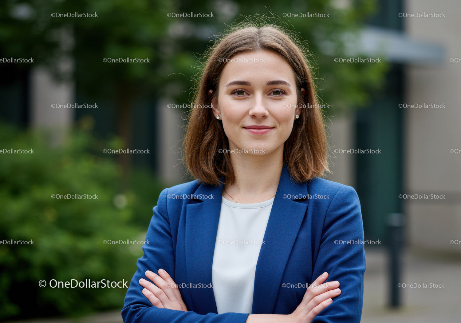 Pewna siebie młoda bizneswoman w niebieskim blezerze, portret na świeżym powietrzu