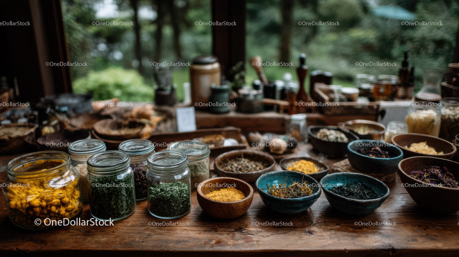 Assortment of Fresh Herbs and Dried Spices on Wooden Table