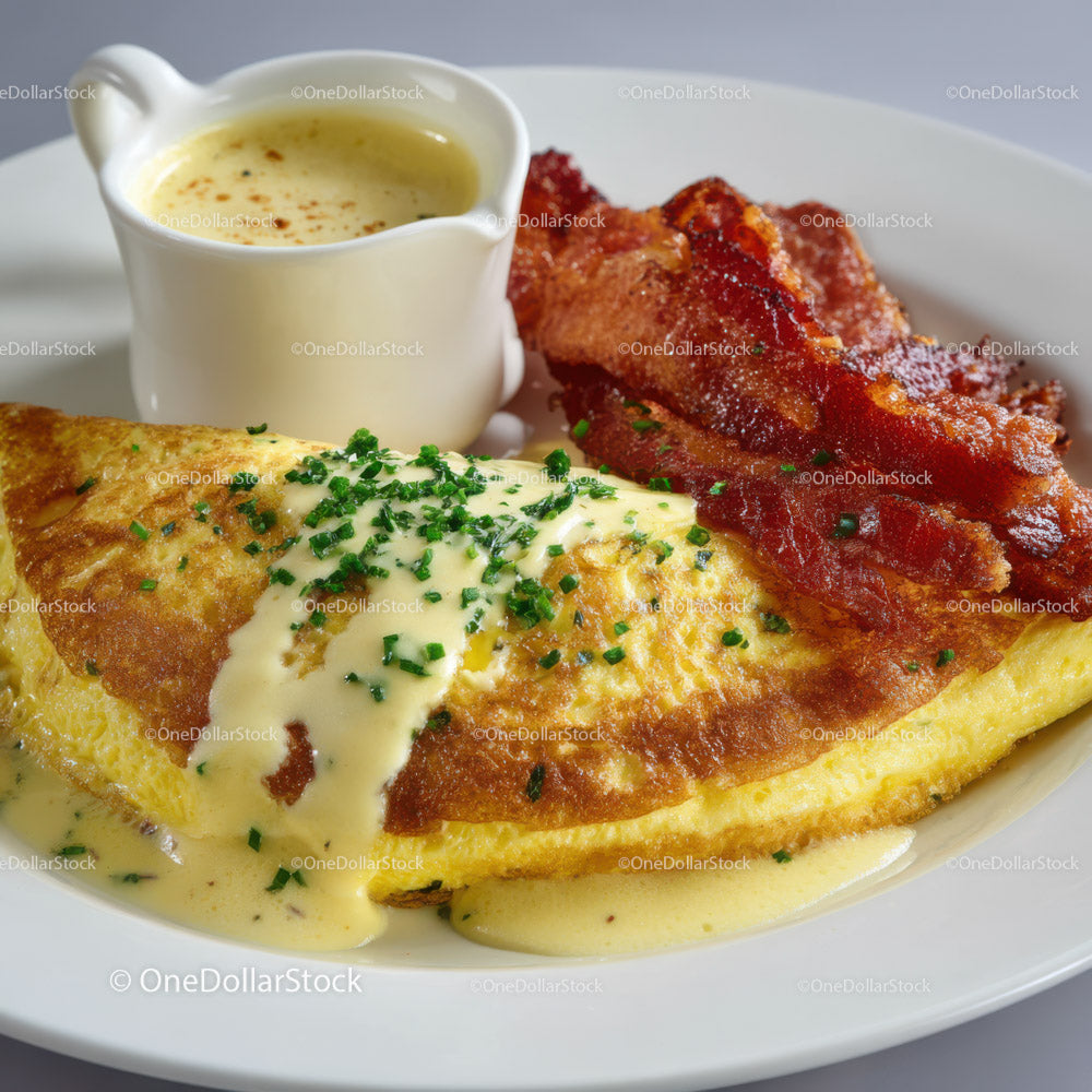 Egg Omelette with Chives and Crispy Bacon on White Plate