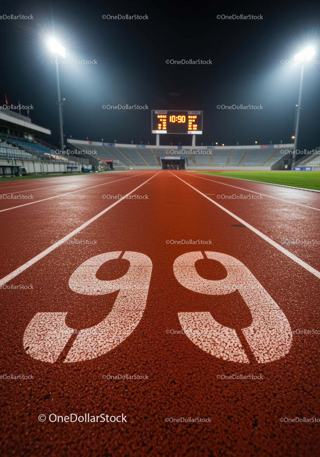 Illuminated Running Track Start Line at Night Stadium