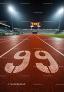 Illuminated Running Track Start Line at Night Stadium