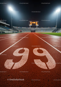 Illuminated Running Track Start Line at Night Stadium