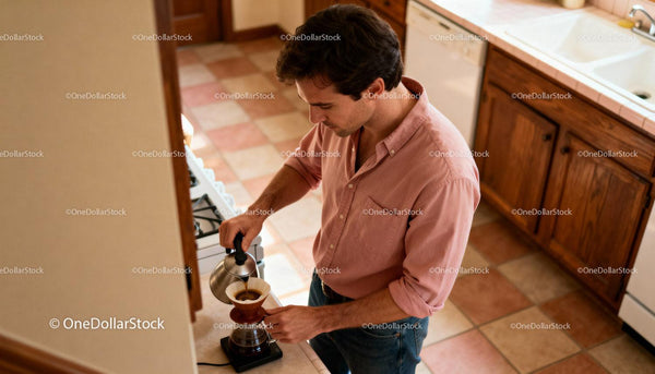 Mężczyzna przygotowujący kawę metodą pour-over w przytulnej kuchni