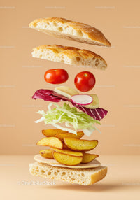 Deconstructed sandwich with fresh vegetables and potato wedges