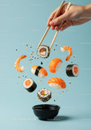 Fresh sushi pieces floating above soy sauce bowl