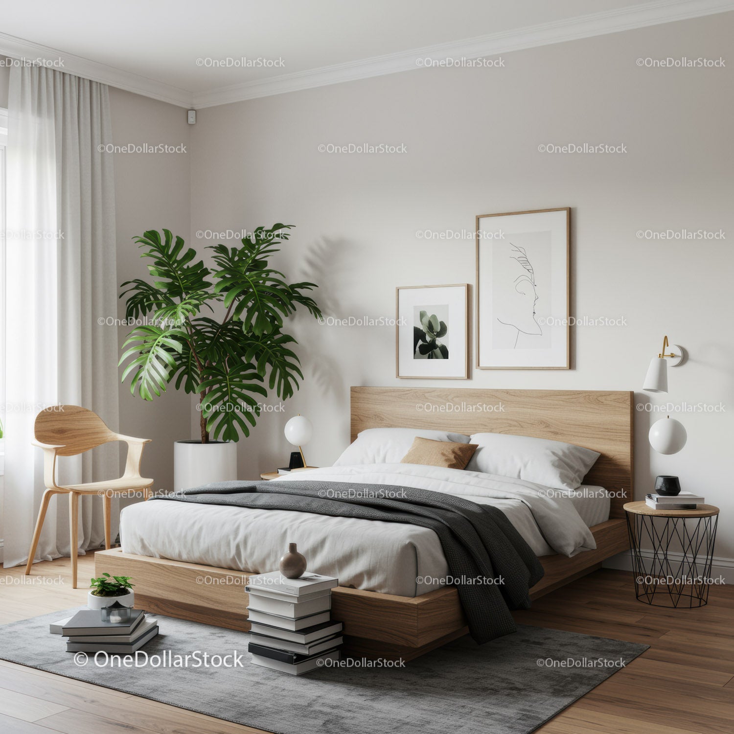 Elegant Modern Bedroom with Monstera and Wall Art