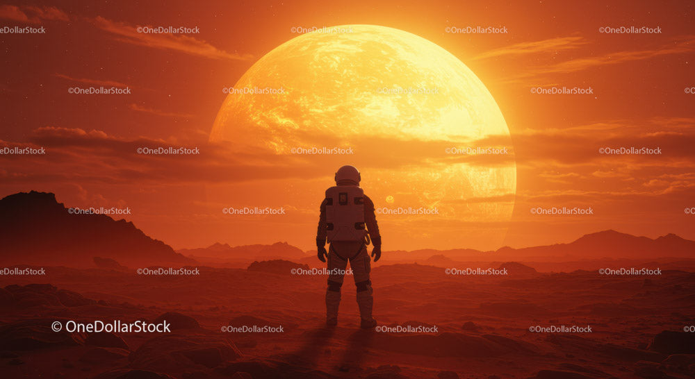 Astronauta badający obcy krajobraz z zachodem słońca i odległą planetą