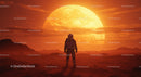Astronaut Exploring Alien Landscape with Sunset and Distant Planet