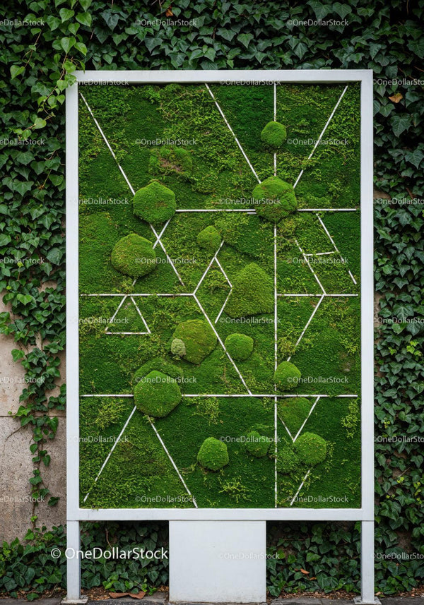 Elegant Vertical Garden Featuring Moss and Green Foliage with White Frame JPG Mockup Image