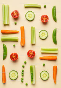 Fresh colorful vegetables arranged in neat grid layout