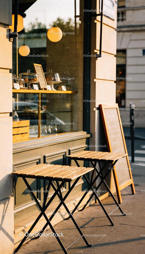 Empty street cafe tables bathed in warm afternoon light