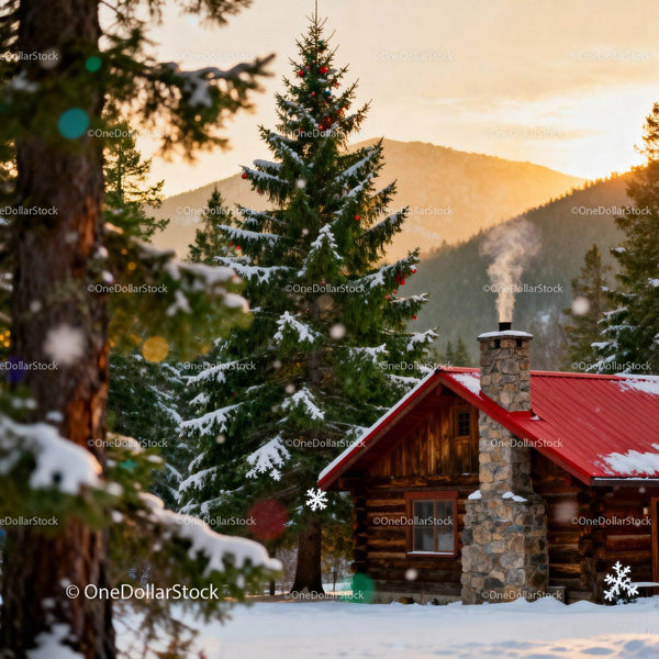 Cozy Cabin Near Snowy Pine Tree at Sunset
