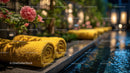 Relaxing Poolside Scene with Yellow Towels and Pink Flowers