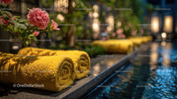 Relaxing Poolside Scene with Yellow Towels and Pink Flowers