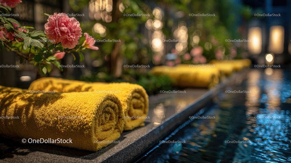 Relaxing Poolside Scene with Yellow Towels and Pink Flowers