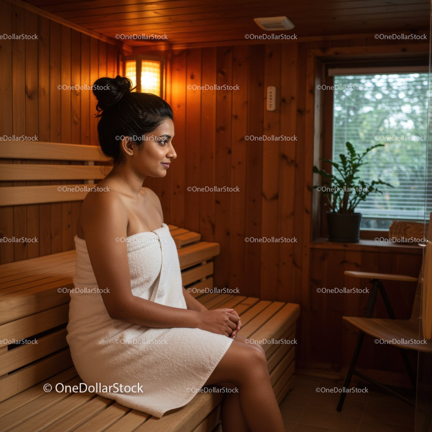 Woman Relaxing in Wooden Sauna Room with Towel and Calm Atmosphere