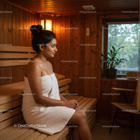 Woman Relaxing in Wooden Sauna Room with Towel and Calm Atmosphere