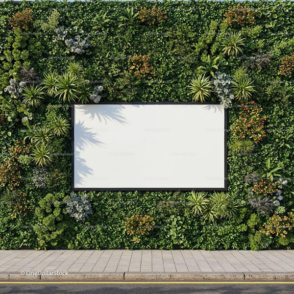 Blank billboard surrounded by lush green foliage outdoors JPG Mockup Image