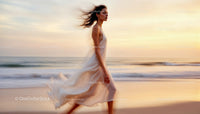 Graceful Woman Walking Along a Serene Beach at Dusk