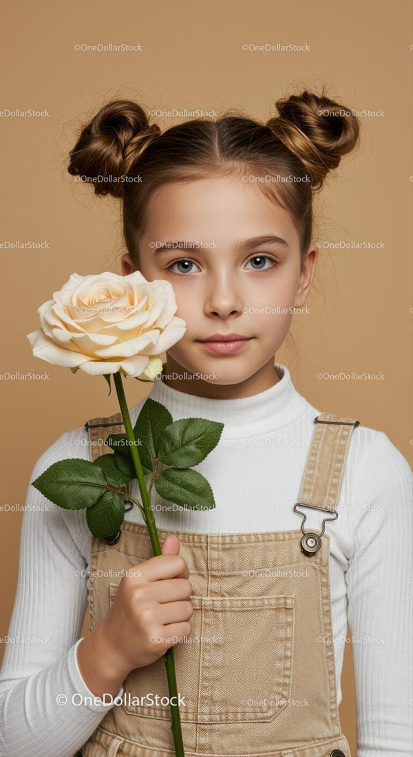 Portret Młodej Dziewczynki Trzymającej Białą Różę na Beżowym Tle