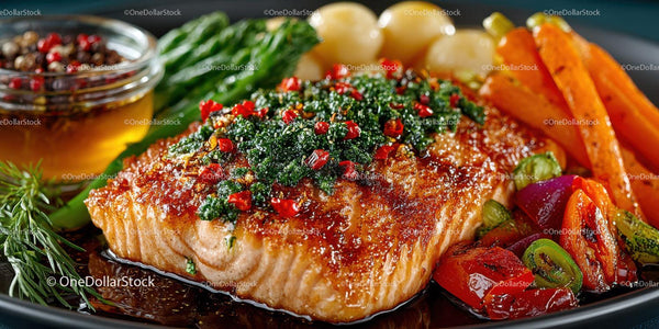 Perfectly Cooked Salmon Fillet with Roasted Carrots and Fresh Vegetables