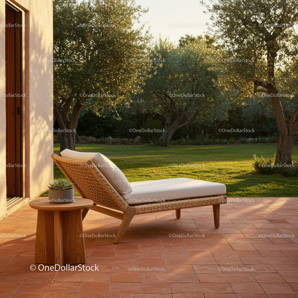 Elegant Outdoor Lounge Chair with Wooden Side Table in Sunlit Garden
