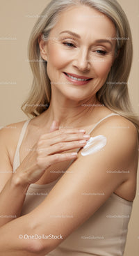 Portrait of Mature Woman Applying Lotion on Shoulder for Skincare