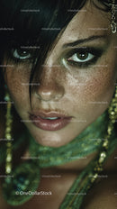 Close-up Portrait of a Woman with Green Eyes and Glittery Makeup