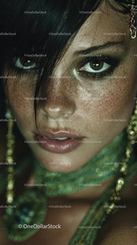 Close-up Portrait of a Woman with Green Eyes and Glittery Makeup