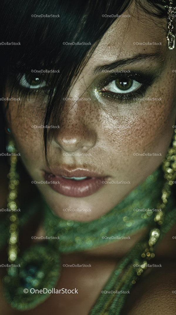 Close-up Portrait of a Woman with Green Eyes and Glittery Makeup