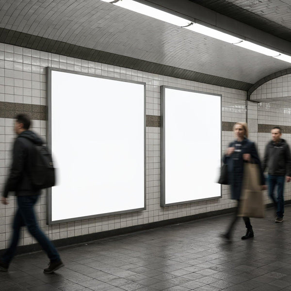 Blurred pedestrians walking past empty subway billboards JPG Mockup Image