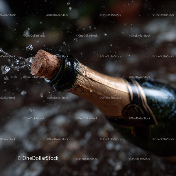 Champagne Bottle with Cork Popping and Bubbles Floating