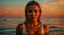 Close-Up of a Woman with Wet Hair and Water Droplets at Sunset