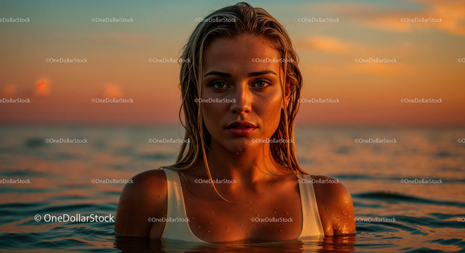 Close-Up of a Woman with Wet Hair and Water Droplets at Sunset