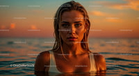 Close-Up of a Woman with Wet Hair and Water Droplets at Sunset
