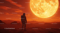 Astronaut Standing on Alien Planet with Large Sun Setting Behind