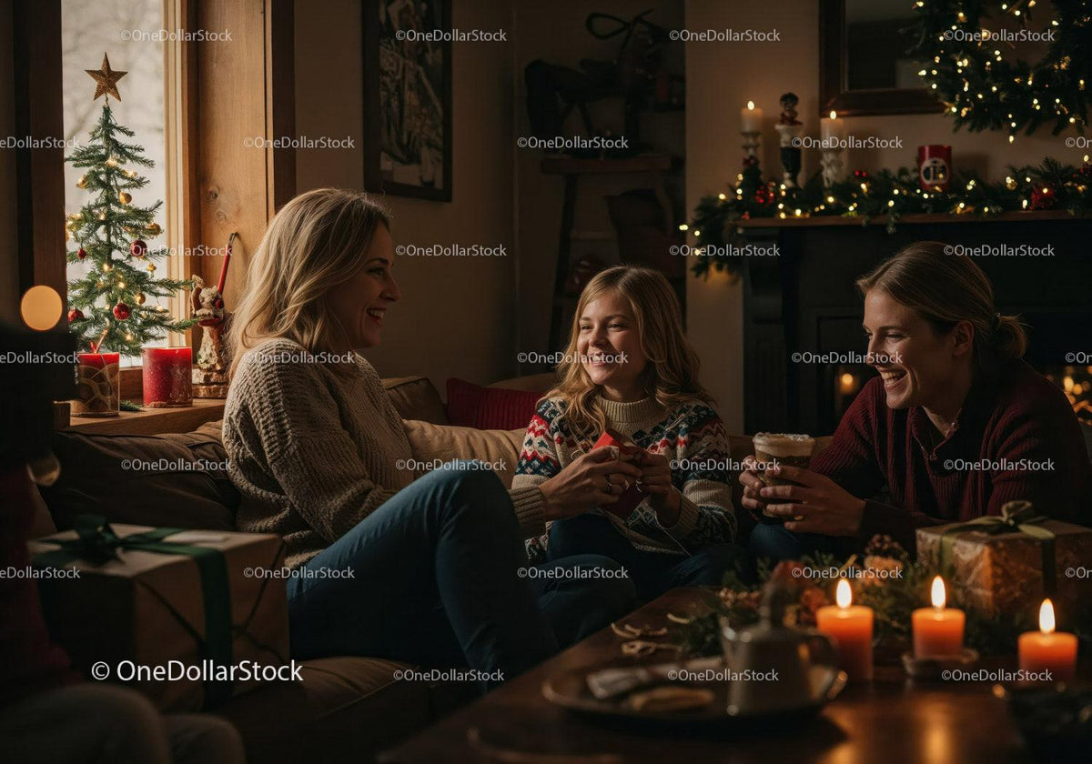 Cozy family moments by warm Christmas fireplace