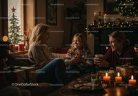 Cozy family moments by warm Christmas fireplace
