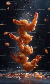 Crispy Fried Prawns in Midair with Splash Effect and Dark Background
