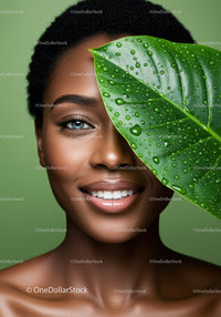 Healthy Smiling Woman with Green Leaf and Water Droplets