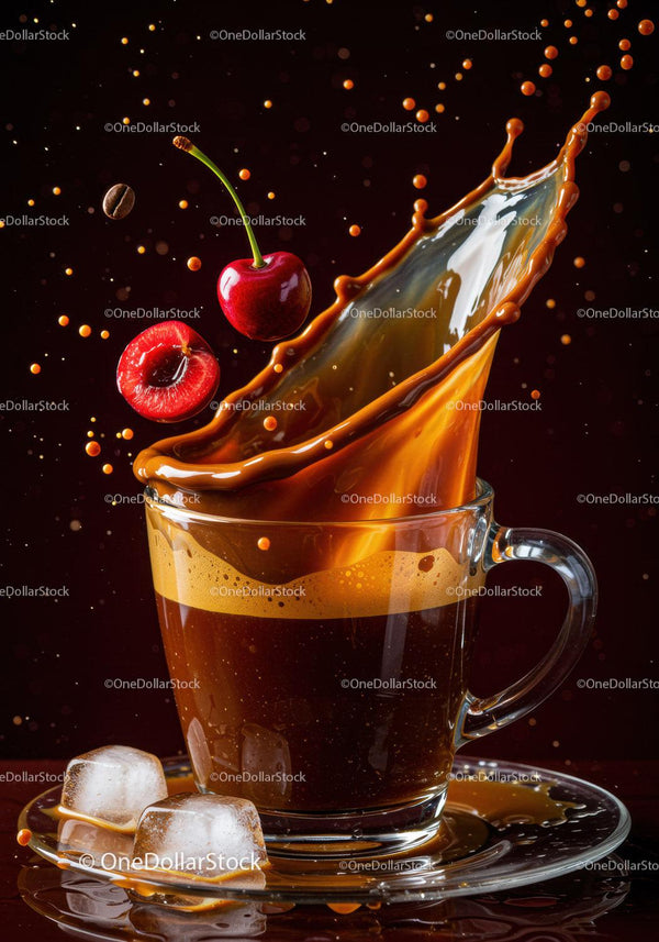 Świeże wiśnie pluskające się w espresso z kostkami lodu