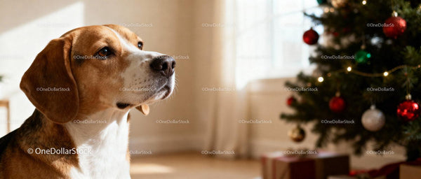 Beagle odpoczywający przy udekorowanej choince w domu