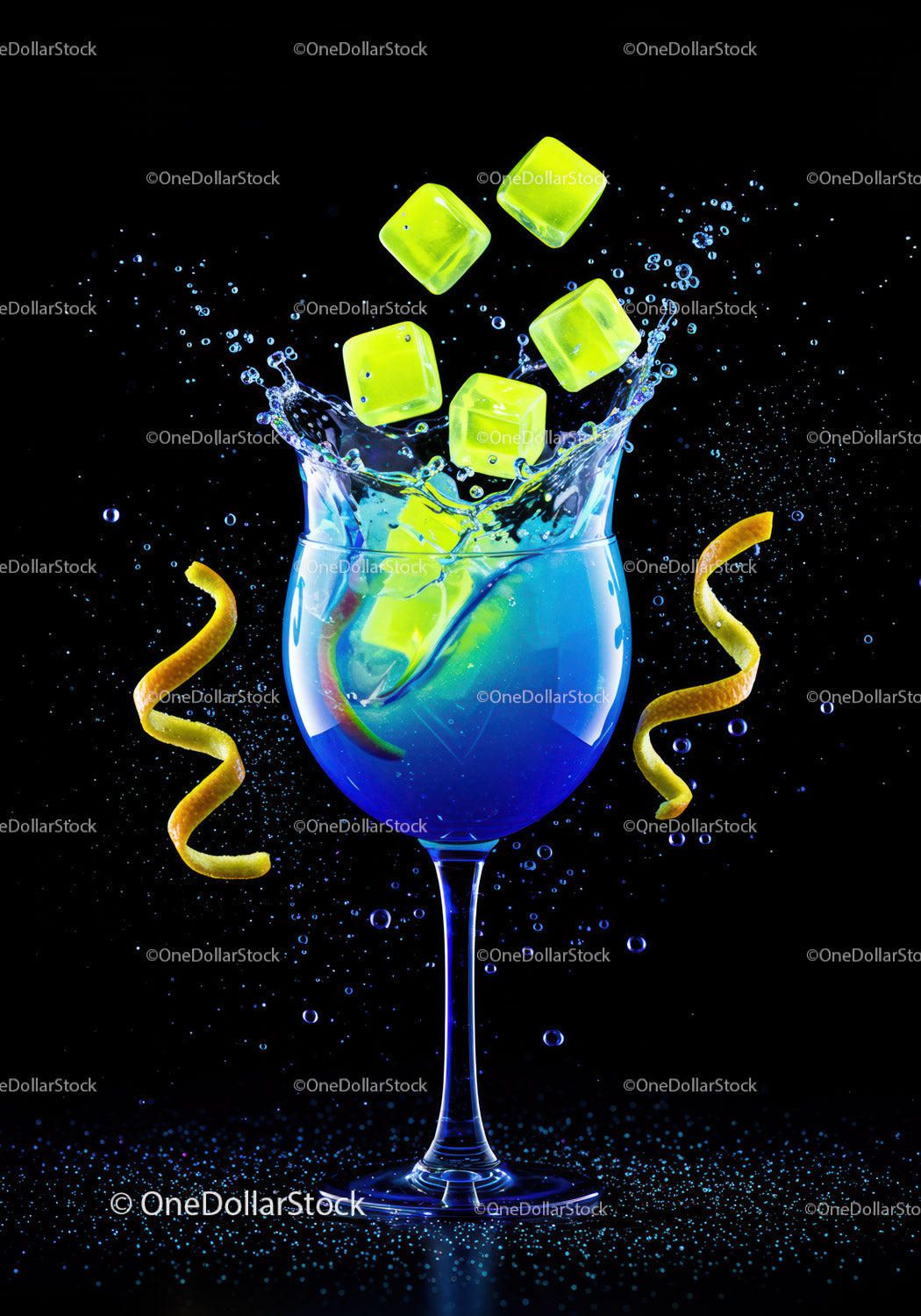 Blue cocktail with lemon peel and neon ice cubes splash
