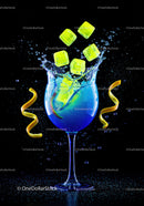 Blue cocktail with lemon peel and neon ice cubes splash