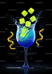 Blue cocktail with lemon peel and neon ice cubes splash