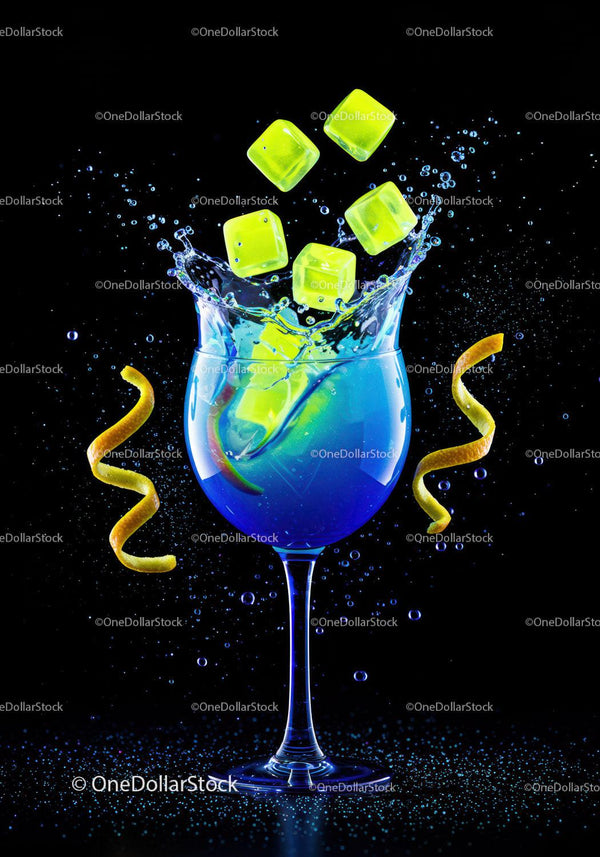Blue cocktail with lemon peel and neon ice cubes splash