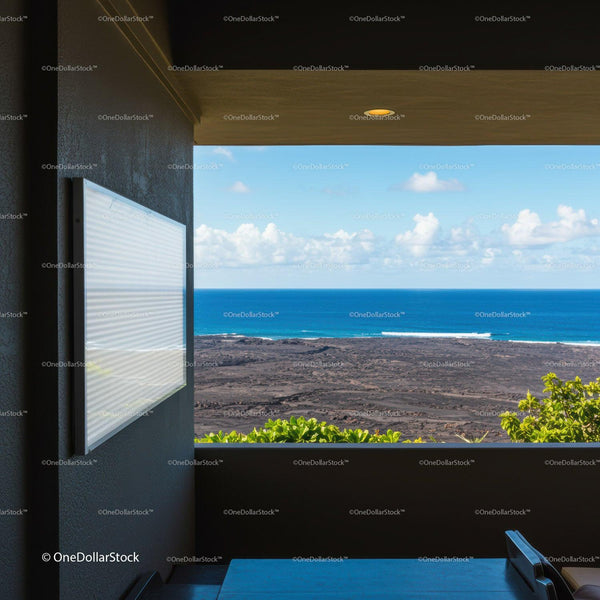 Ocean View Through Modern Balcony with Rocks and Greenery JPG Mockup Image