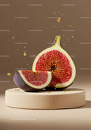 Fresh fig halves on textured beige stand with golden sprinkles